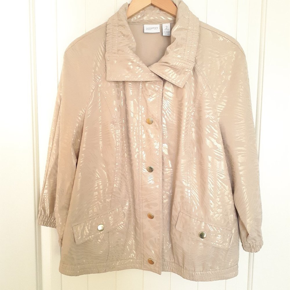 Zenergy Animal Print Neema Snap Front Jacket Tan Gold Pockets Size 2/Size L